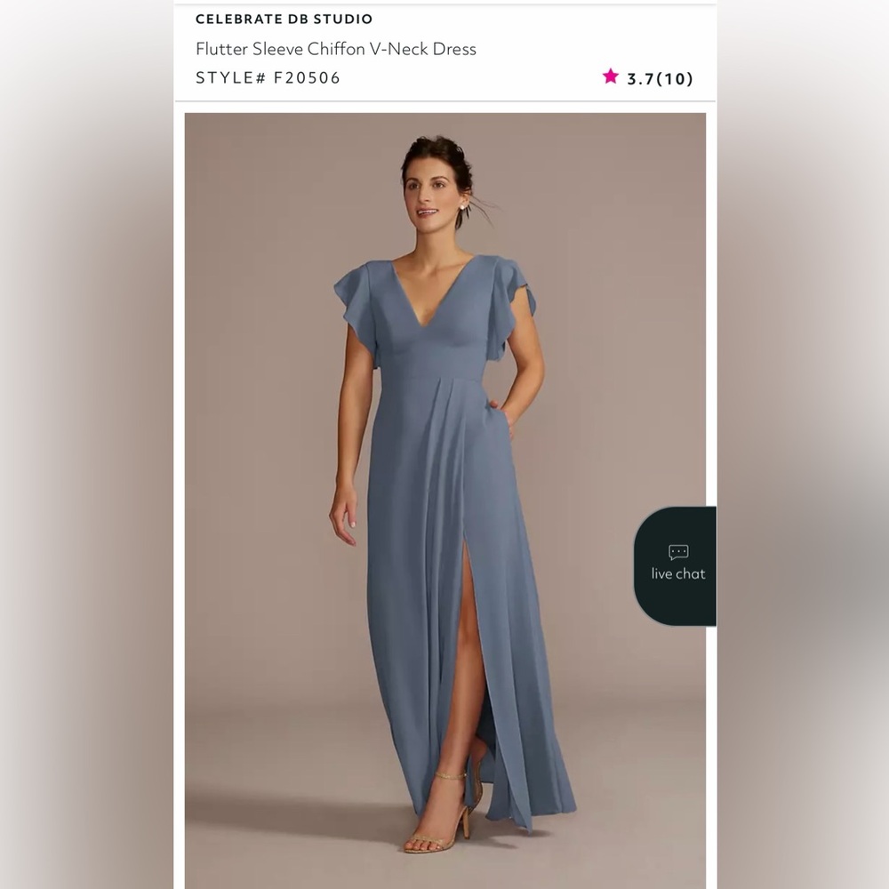 David’s Bridal Steel Blue Flutter Sleeve Dress